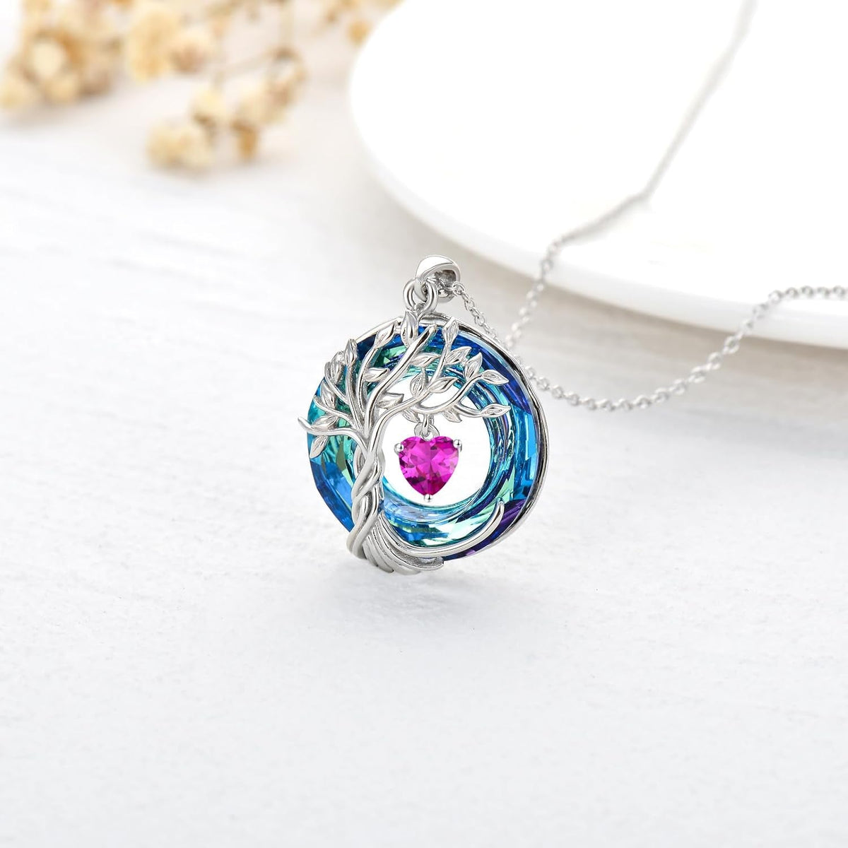 Tree of Life Birthstone Necklaces for Women White Gold Plated 925 Sterling Silver Irish Celtic Tree Jewelry Austrian Crystal Necklace Birthday Gifts