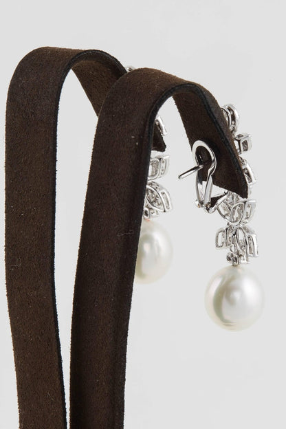 Classic Diamond Pearl 18K White Gold Dangle Drop Earrings