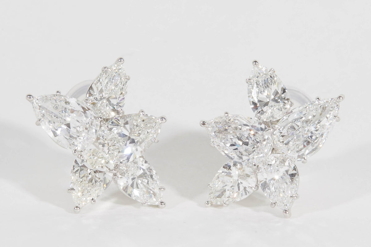 Handmade Platinum 11.82 Carat Pear Shaped Diamond Cluster Clip Earrings