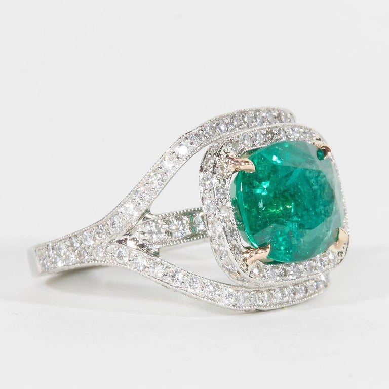 Vivid Green Cushion Cut Emerald and Diamond Platinum Cocktail Ring