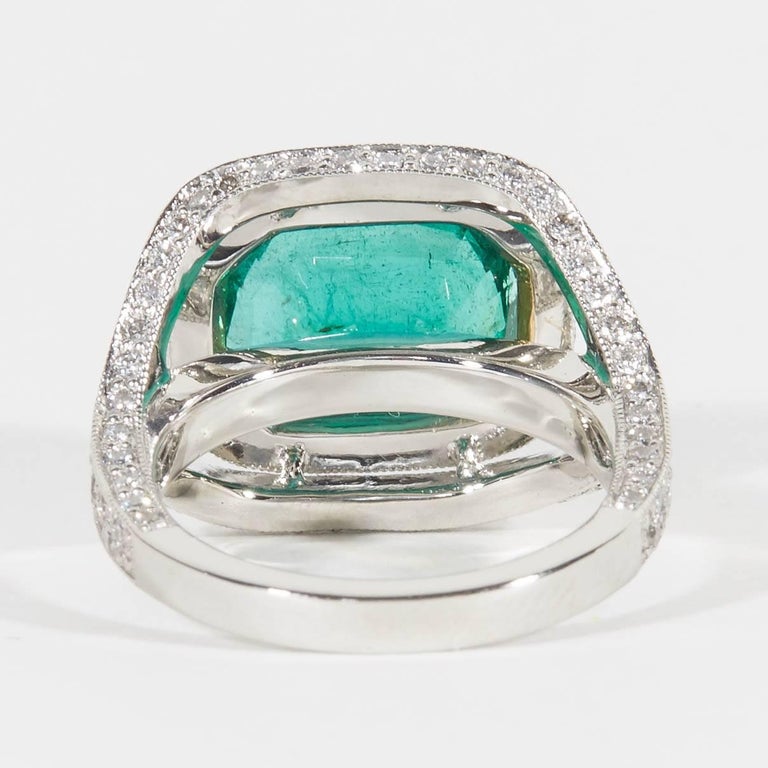 Vivid Green Cushion Cut Emerald and Diamond Platinum Cocktail Ring