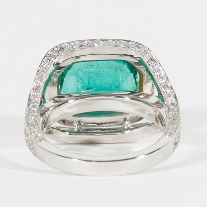 Vivid Green Cushion Cut Emerald and Diamond Platinum Cocktail Ring