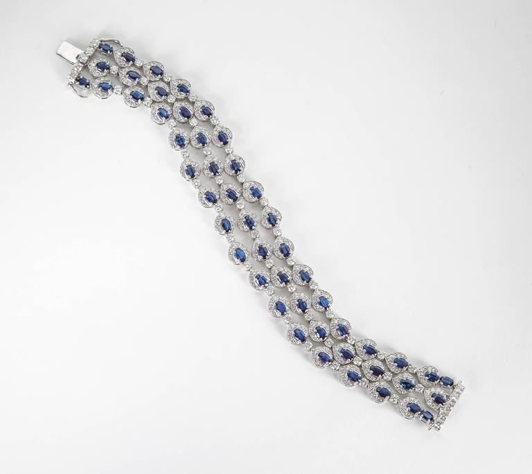 Stunning 18k White Gold Three Row Blue Sapphire Diamond Bracelet