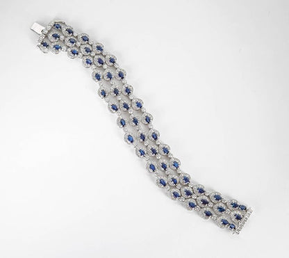 Stunning 18k White Gold Three Row Blue Sapphire Diamond Bracelet