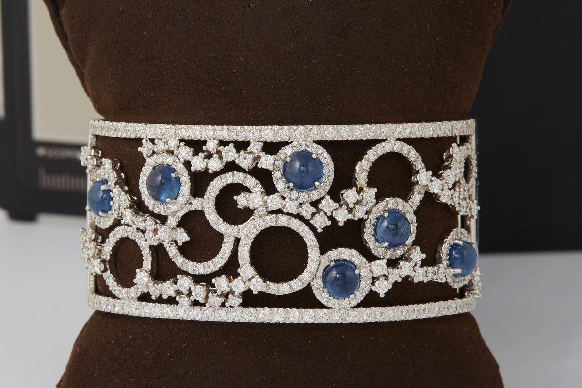 Exquisite Italian 18k White Gold Sapphire and Diamond Cuff Bracelet