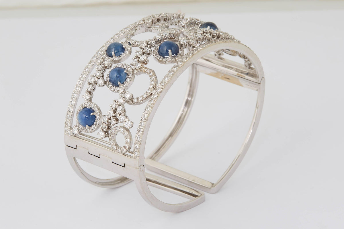 Exquisite Italian 18k White Gold Sapphire and Diamond Cuff Bracelet