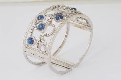 Exquisite Italian 18k White Gold Sapphire and Diamond Cuff Bracelet