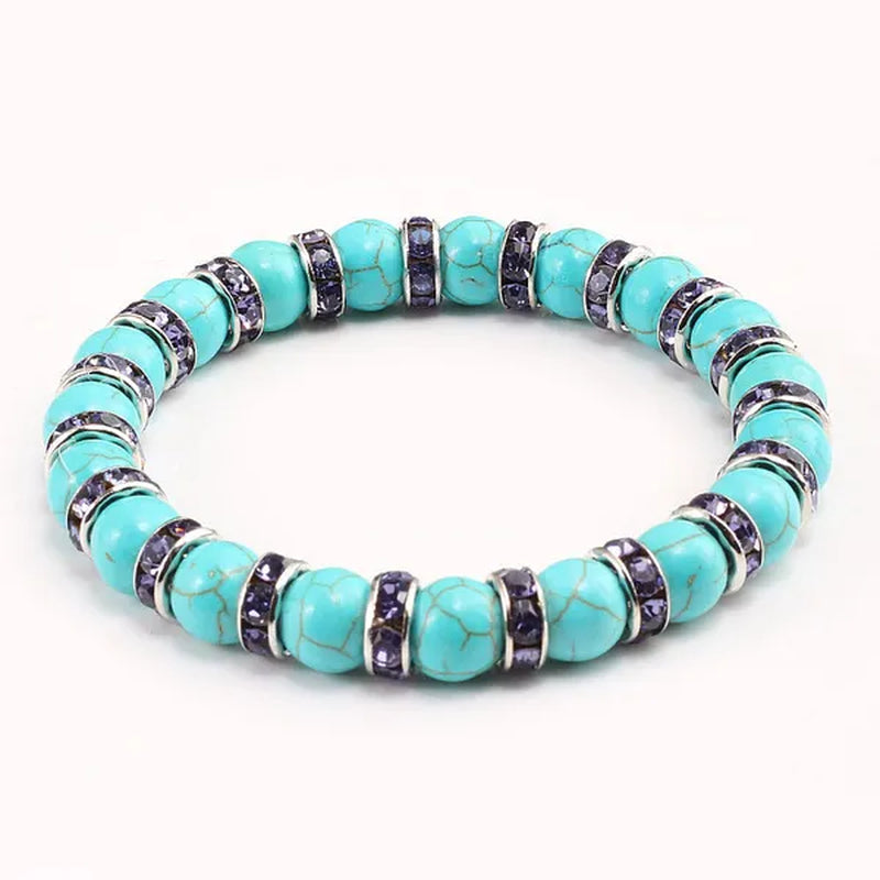 Blue turquoise and green point hand natural Vintage bracelet rhinestone rope men's and women's elastic casual bracelet prayer yoga pendant jewelry