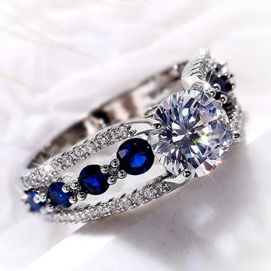 Hand Jewelry Creative Hollow Sapphire Blue Zircon Ring Women's Luxury Banquet Engagement Jewelry