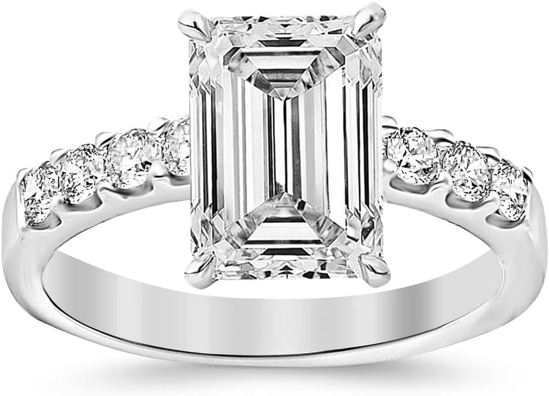 1.5 Ctw Emerald Cut Classic Prong Set round 14K White Gold Diamond Engagement Ring (I-J Color VS1-VS2 Clarity 1 Ct Center)