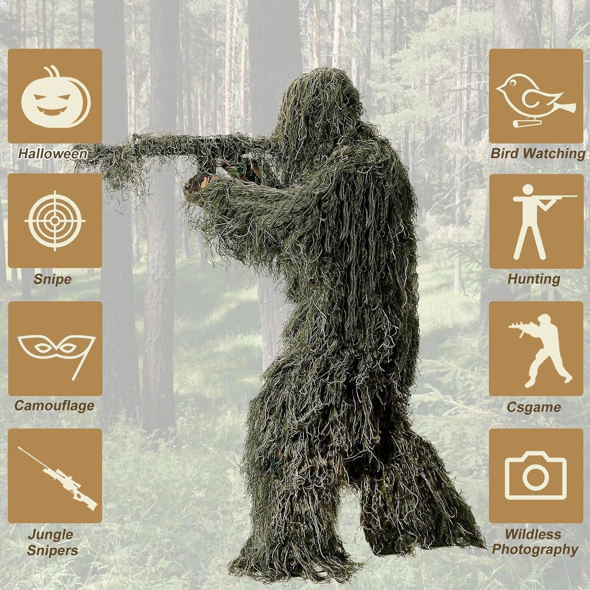 5 in 1 Ghillie Suit, 3D Camouflage Hunting Apparel W/Jacket, Pants, Hood, Carry Bag for Adults/Youth, S/M/L/XL/XXL