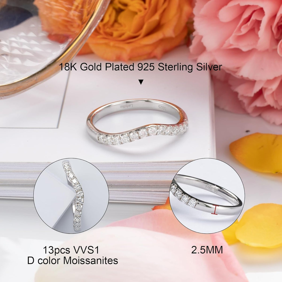 Curved Moissanite Wedding Band 0.39Ct D Color VVS1 Lab Created Half Eternity 925 Sterling Silver Guard Enhancer Stackable Rings for Women