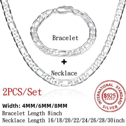 2Pcs/Set(Bracelet+Necklace) 925 Sterling Silver Charms Men Women Figaro Curb Lobster Clasps Link Chain Bracelet and Necklace Fashion Exquisite Jewelry Gifts