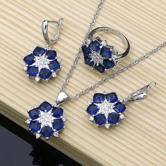 925 Silver Bridal Jewelry Sets Blue Sapphire White Topaz Charm for Women Party Earrings Ring Bracelet Set