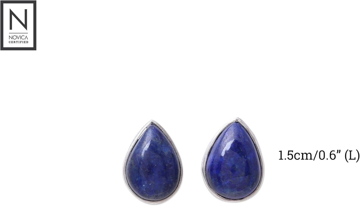 Artisan Handmade Jewelry Teardrop Earrings | Lapis Lazuli Button Earrings | .925 Sterling Silver Teardrop Earrings from India | Crafted by Hand Birthstone Gemstone Earrings 'Mystic Tears'