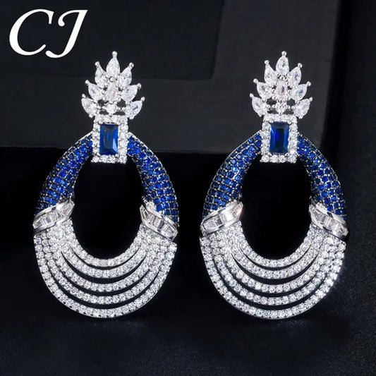 CANDICE Luxury Jewelry Setting Blue Cubic Zircon Silver Plated Statement Trendy Hollow Carved Earrings for Women Brincos