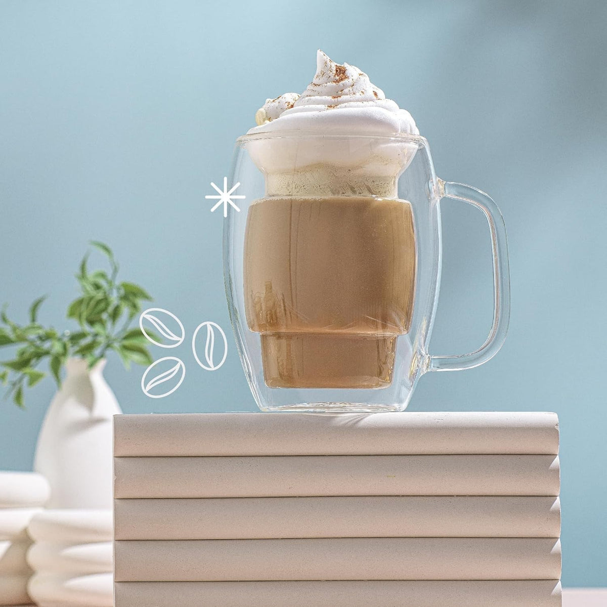 Cadus Glass Coffee Cups Double Wall Insulated Mugs Set of 2 Latte Glasses, 16-Ounces.