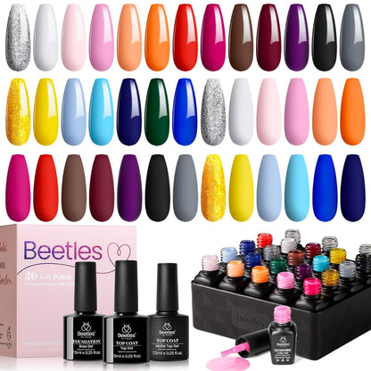 Beetles 23Pcs Gel Nail Polish Kit with Glossy Matte Top Coat and Base Coat Girls Night Collection White Nude Gray Glitters Gel Nail Polish Set U V Soak Off Holiday Manicure for Women Girls