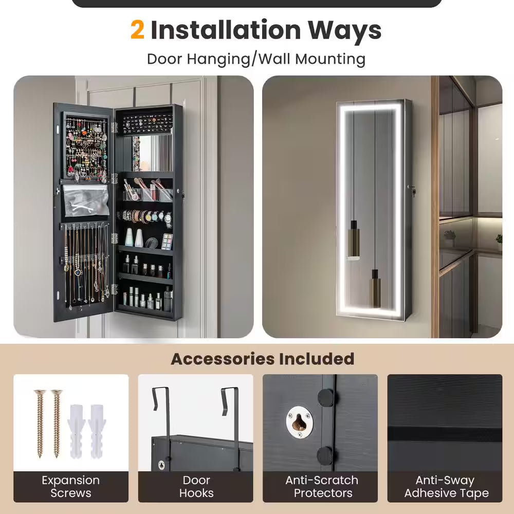 Door Wall Mount Touch Screen LED Light Mirrored Jewelry Box Cabinet Storage Lockable