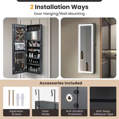 Door Wall Mount Touch Screen LED Light Mirrored Jewelry Box Cabinet Storage Lockable