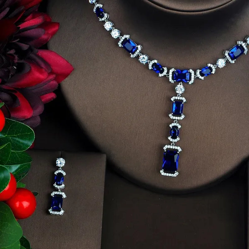 CANDICE Luxury White Gold Plated Bridal Party Jewelry Inlaid AAA Cubic Zirconia Long Drop Dangle Necklace Earrings Set for Women Wedding