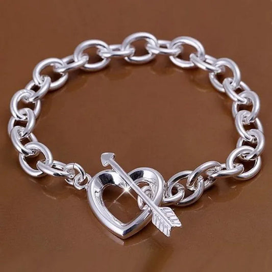 New 925 Sterling Silver Through Heart Bracelet Bangle for Men Women Fashion Party Wedding Jewelry Valentine's Gift