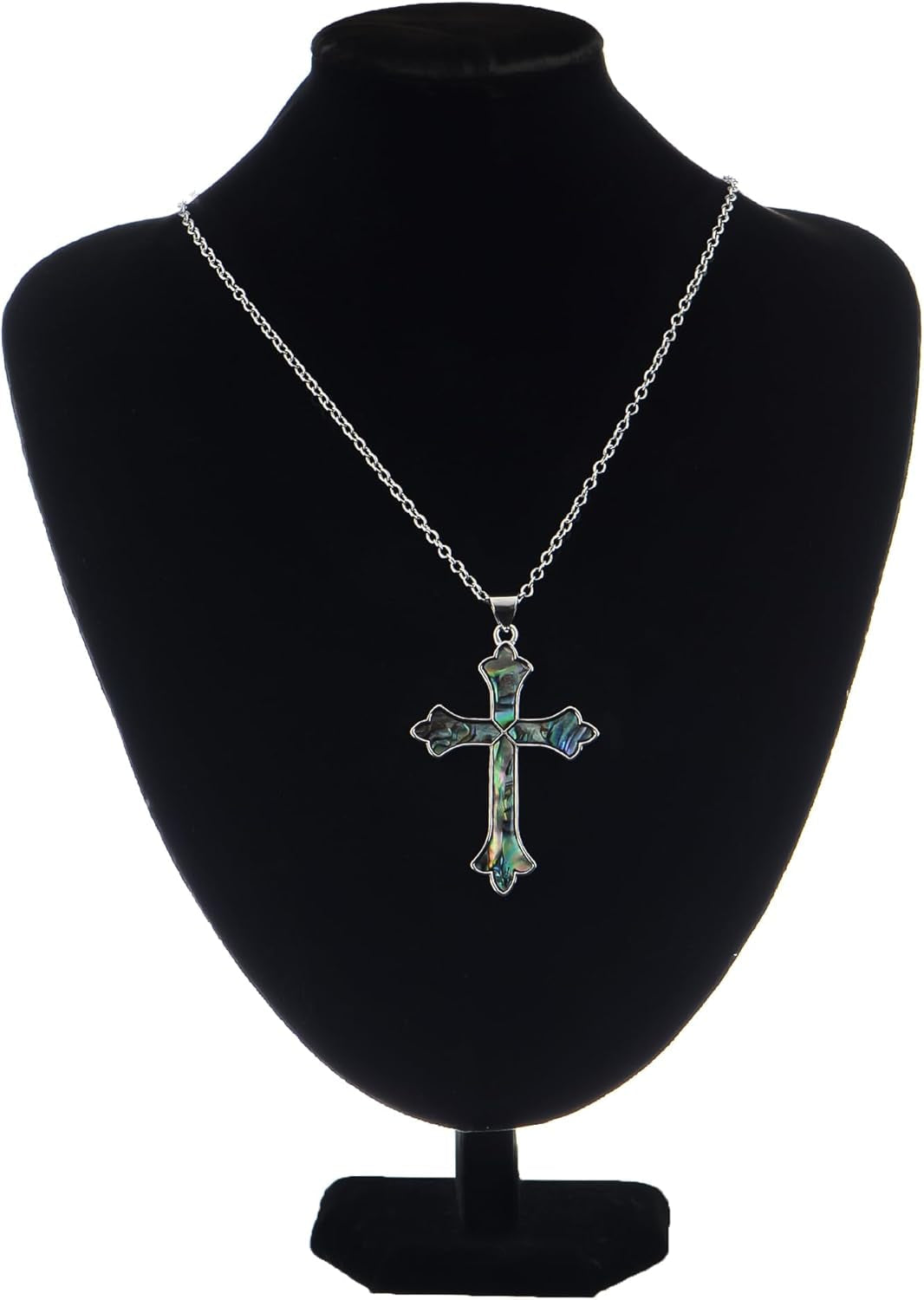 Vintage Inspired Silvery Tone Abalone Shell Religious Cross Pendant Necklace