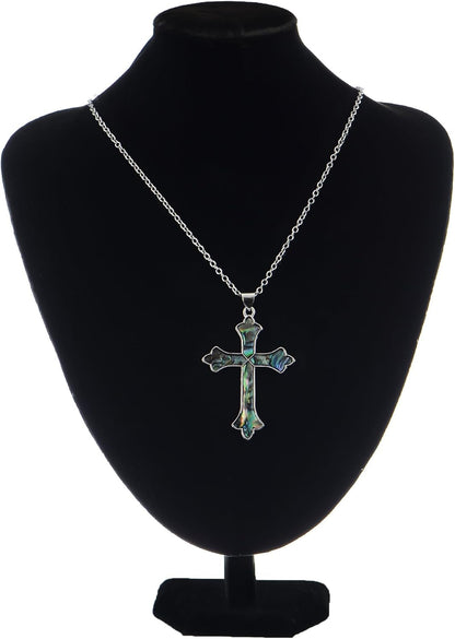Vintage Inspired Silvery Tone Abalone Shell Religious Cross Pendant Necklace