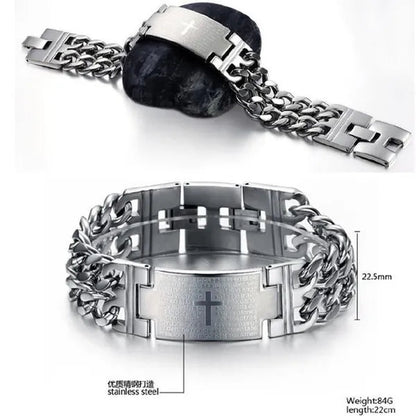 New Arrive Men's Fashion Jewelry Punk Rock Wide Silver 316L Stainless Steel Holy Bible Cross Link Chain Bracelet Bangle , Mens Gift BY EZMAX