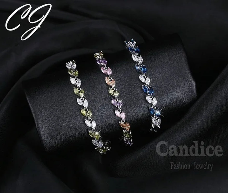 CANDICE 100% Real Silver Female Jewelry Simple Leaf Shape Multicolor Cubic Zirconia Strand Bracelet For Lady