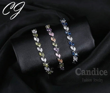 CANDICE 100% Real Silver Female Jewelry Simple Leaf Shape Multicolor Cubic Zirconia Strand Bracelet For Lady