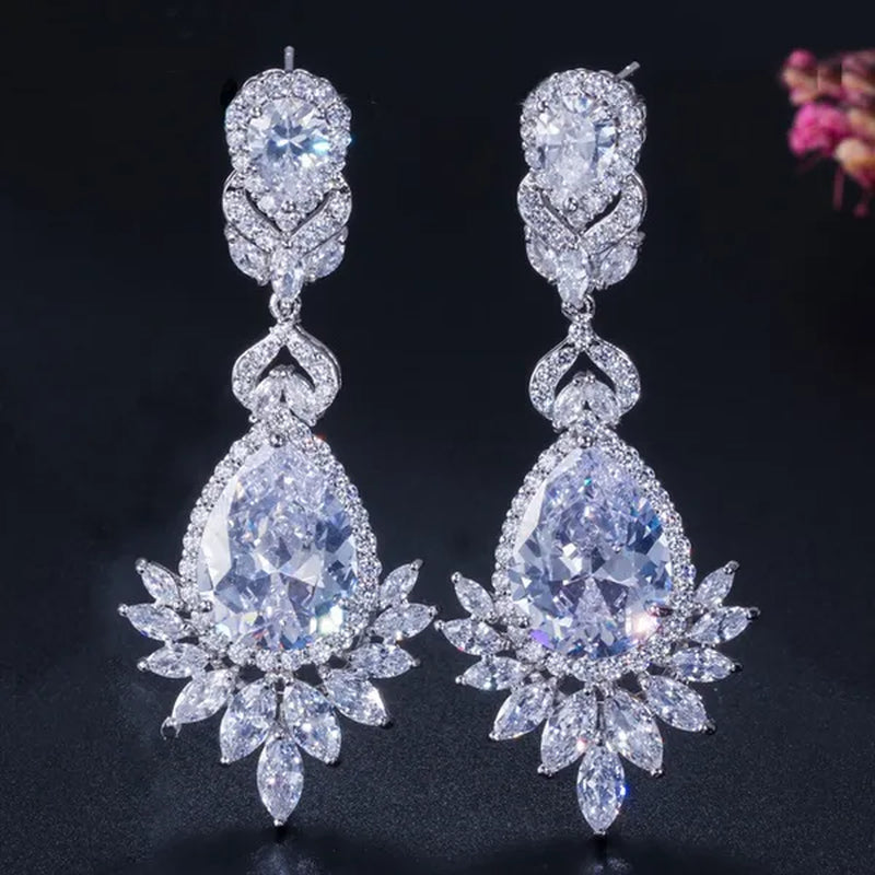 CANDICE Gorgeous Natural Red Green Zirconia Setting Silver Plated Big Teardrop Dangle Earrings for Women Party Dress Accessories
