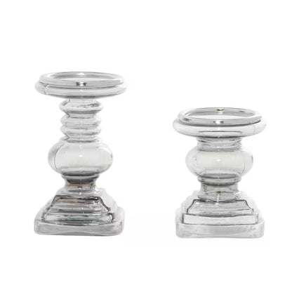Silver Glass Handmade Turned Style Pillar Candle Holder (Set of 2)