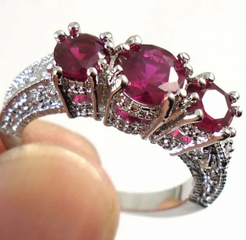 925 Sterling Silver Three Stone Emerald Ruby Sapphire Wedding Piercing Ring