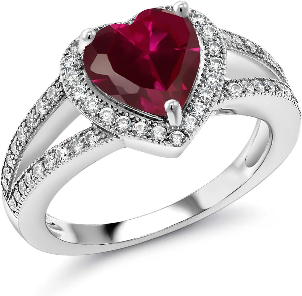 925 Sterling Silver Red Created Ruby and White Moissanite Ring for Women (2.41 Cttw, Gemstone July Birthstone, Heart Shape 8MM, Available in Size 5,6,7,8,9)