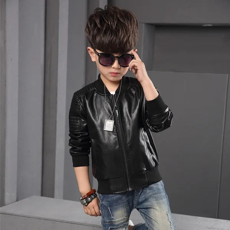 Outdoor Winter New Spring Children Boy Plus Cashmere Thick Leather Jackets Children Fashion Outerwear  (Brown Black)