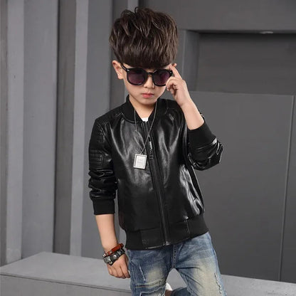 Outdoor Winter New Spring Children Boy Plus Cashmere Thick Leather Jackets Children Fashion Outerwear  (Brown Black)