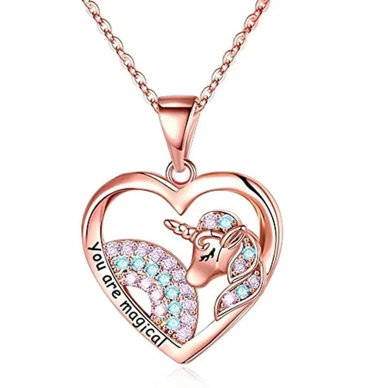 Elegant Fashion Creativity Rainbow Unicorn Necklace Rose Gold Heart-shaped Animal Pendant Necklace Engagement Necklace Women's Animal Jewelry Fashion Accessories Party Anniversary Gift