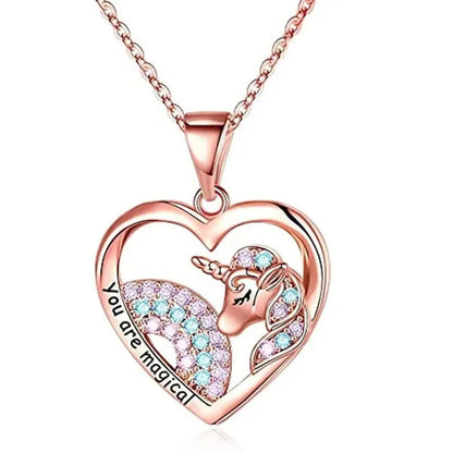 Elegant Fashion Creativity Rainbow Unicorn Necklace Rose Gold Heart-shaped Animal Pendant Necklace Engagement Necklace Women's Animal Jewelry Fashion Accessories Party Anniversary Gift