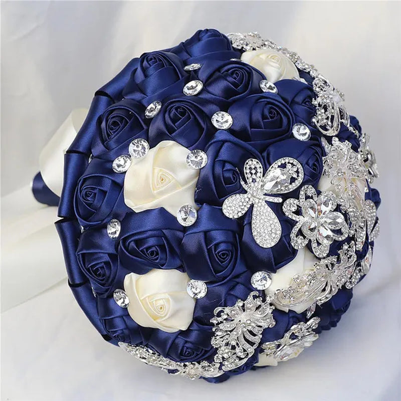 21CM Silver Rhinestone Bridal Hand Flowers Ribbon Wedding Hand Bouquet Mixed Color Silk Rose Diamond Brooch Bridesmaid Bouquet Wedding Supplies