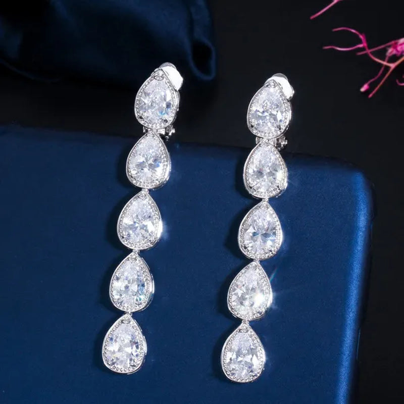 CANDICE Long Water Drop Dangling Jewelry Pave Clear Cubic Zirconia Crystal Female Non Pierced Wedding Clip on Earrings
