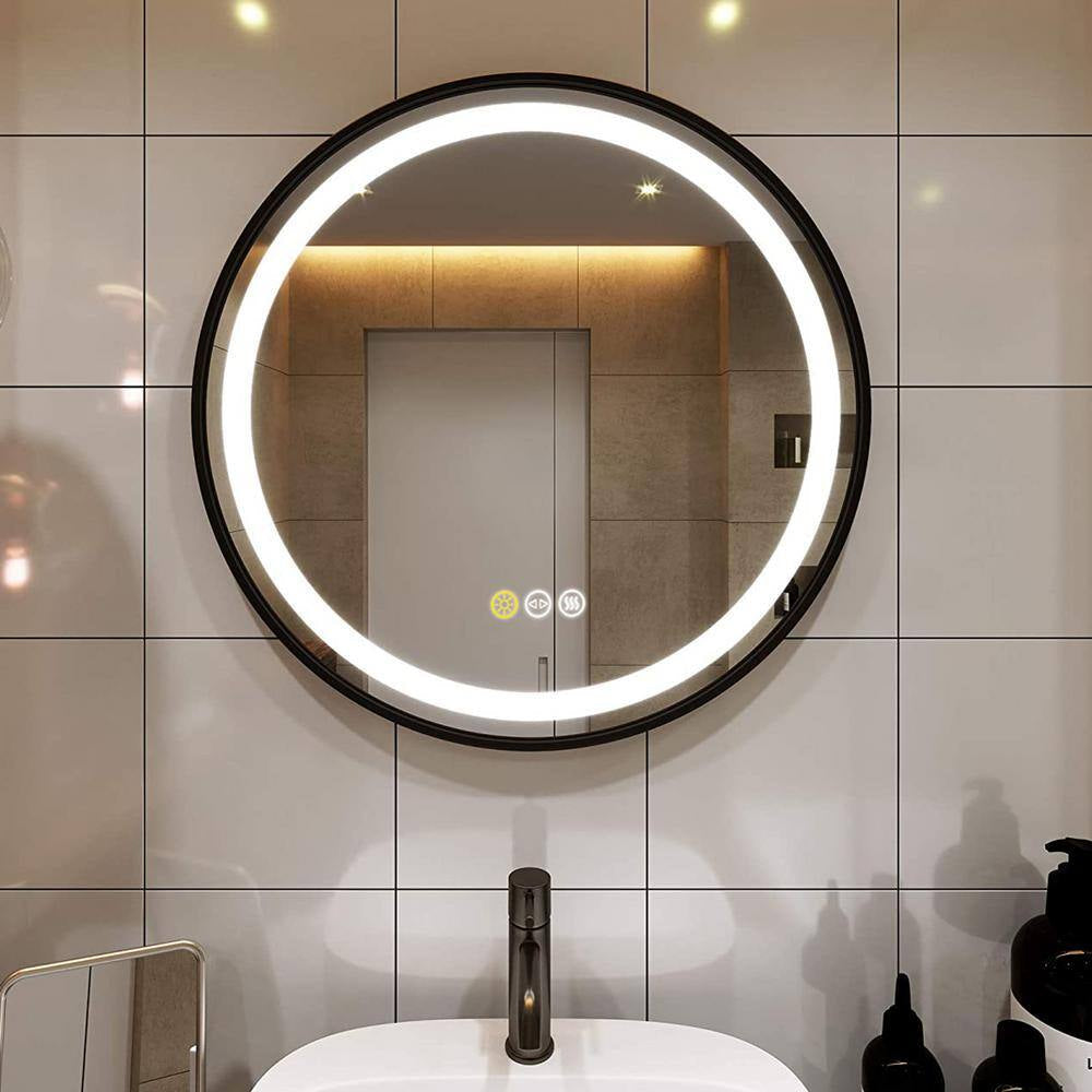 24 In. W X 24 In. H round Aluminum Framed Antifog 3-Color Dimmable LED Lighted Wall Hanging Bathroom Vanity Mirror Black