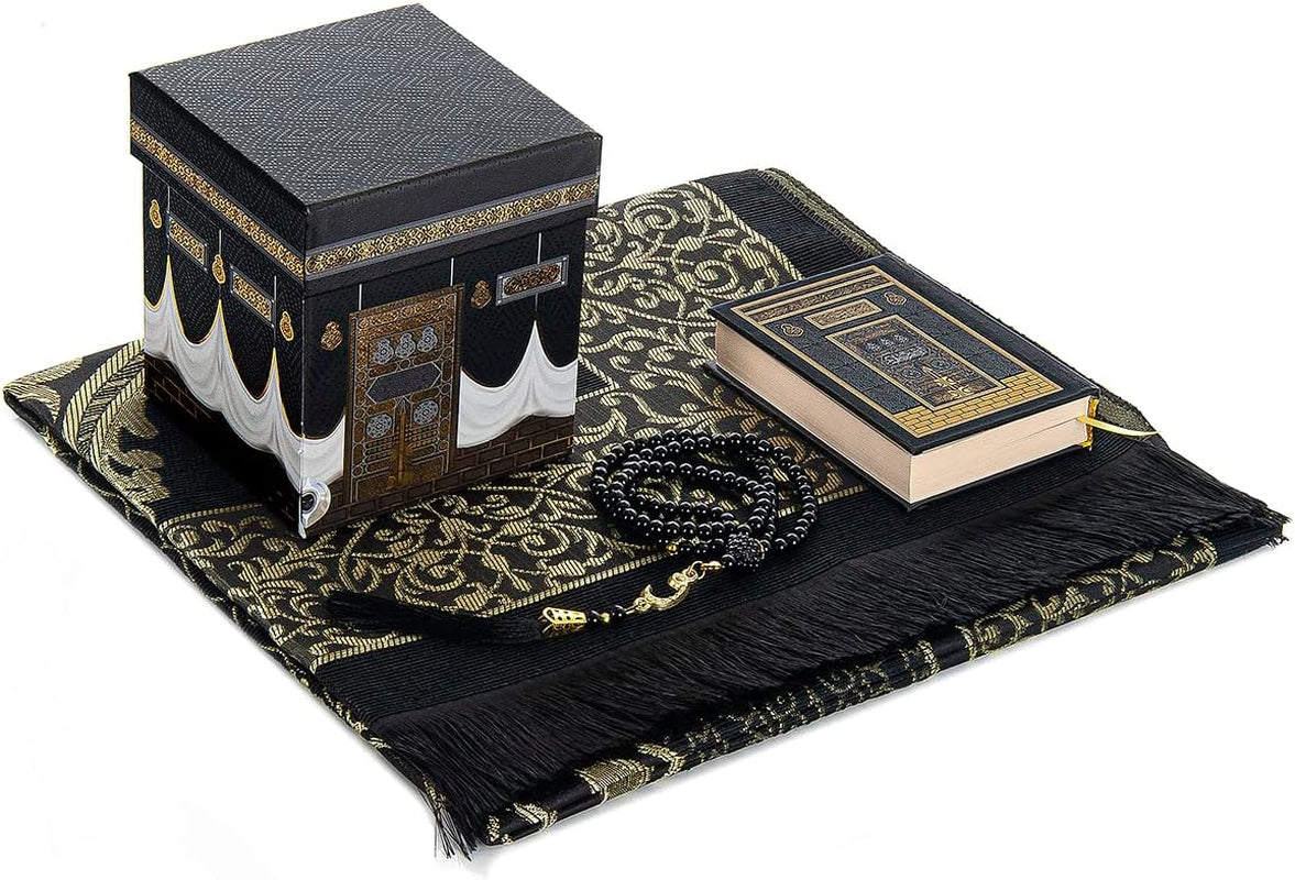 , Prayer Rug, Prayer Mat for Muslim with Kaaba Design Cubic Gift Box, Islamic Salah Mat for Worship, Namaz Rug, Praying Carpet, Sajadah, Islamic Gifts for Men, Women, Black