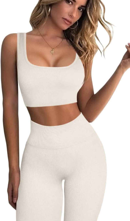 Ribbed Workout Outfits for Women 2 Piece Seamless Sport Bra High Waist Yoga Leggings Sets