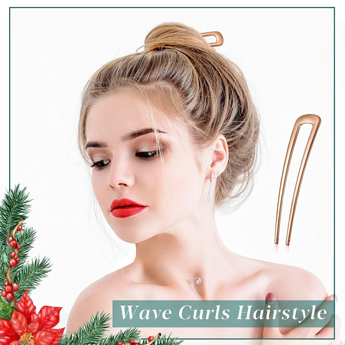 6 Pieces Hair Pins Simple Metal U Shaped French Gold Hair Fork Sticks 2 Prong Updo Chignon Pins for Women Lady Buns Accessories(Rose Gold)