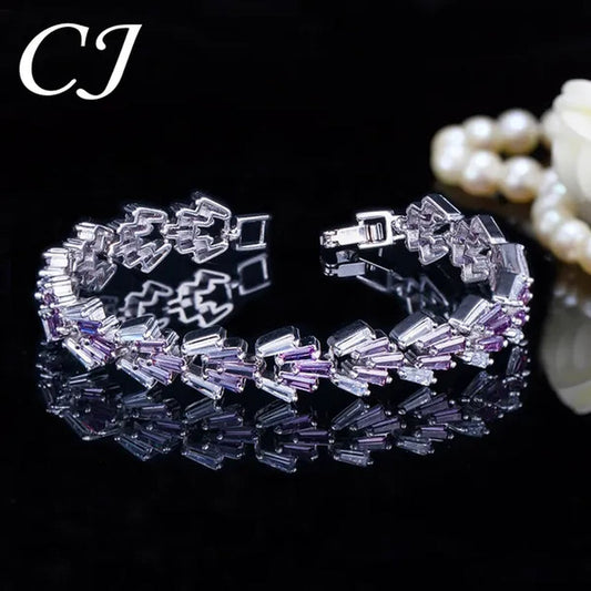 CANDICE New Trendy Sterling Silver Hand Bangle Jewelry Noble Rectangle Purple Crystal Women Tennis Bracelets With White Zirconia