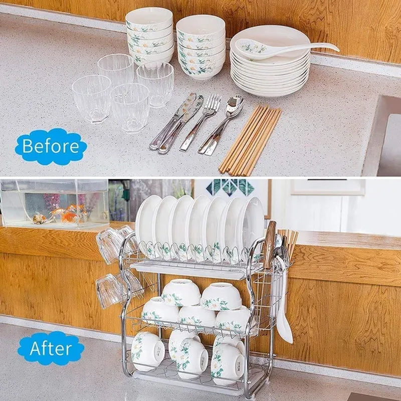 Dish Drying Rack 3-Tier Dish Drainer Rack Kitchen Storage with Drainboard and Cutlery Cup Dish Shelf Tableware Holder