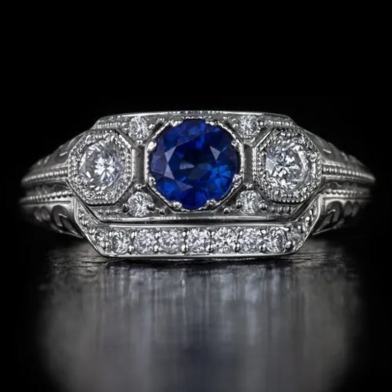 Lady Round Cut 1.2CT Blue Sapphire Bridal Engagement Ring