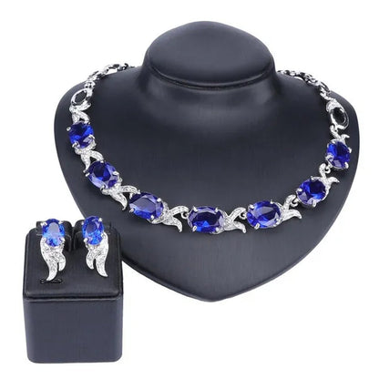 Fashion Women Zircon Rhinestone Necklace Earring Silver Plated Wedding Party Dress Jewelry Sets