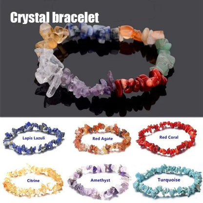 Natural Crystal Chakras Bracelet Natural Gemstone Chips Jewelry Bracelet Amethyst Red Agate Carnelian White Crystal Turquoise Citrine Bracelet (Adjustable Size)